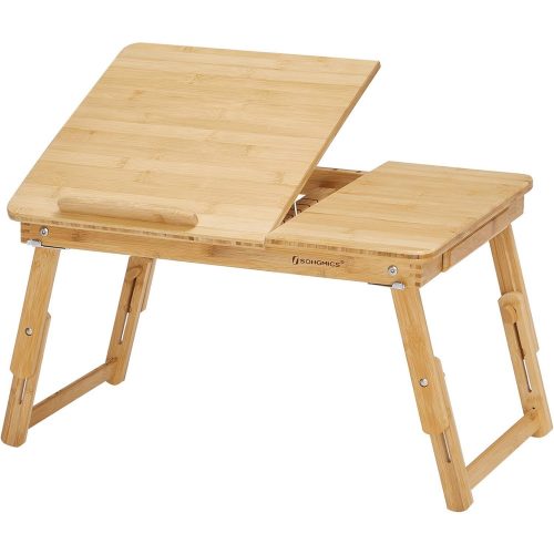 SONGMICS Bambusz Lap asztal, Laptop asztal, Reggeliző tálcával, 5 állítható dőlésszögű,