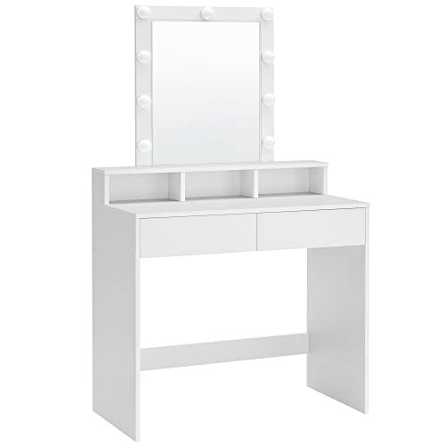 VASAGLE RDT114W01 Sminkasztal tükörrel és izzókkal, kozmetikai asztal 2 fiókkal és 3 nyitott