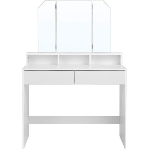 VASAGLE Sminkasztal Tri-fold tükörrel, 2 fiókkal és 3 nyitott rekeszzel, modern stílusú fehér